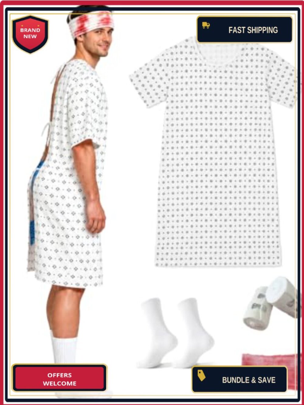 Unisex Halloween Patient Gown Costume Set with Funny Butt Pants Socks Bandage